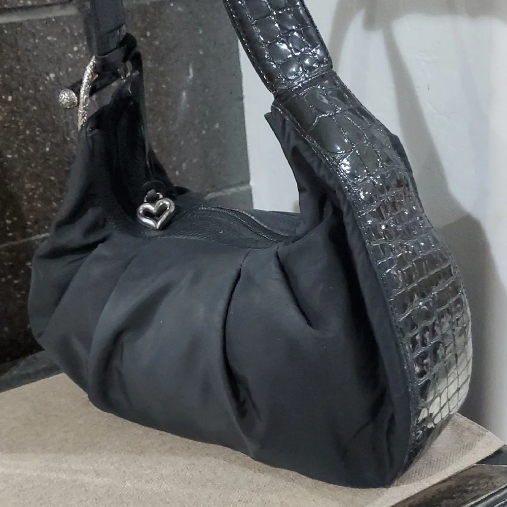 Vintage Brighton Black Canvas Shoulder Bag with Croc-Embossed Trim, Pleats